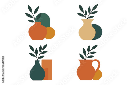 Four modern abstract vases with green leaves and geometric shapes set against a white background