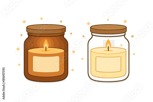 Pair of lit scented candles in jars, one amber and one clear, cozy home decor objects