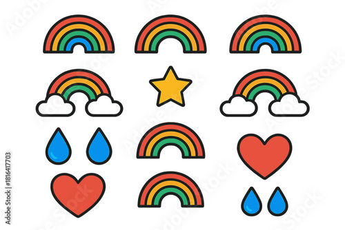 Colorful weather and emotion symbols featuring rainbows, clouds, hearts, stars, and raindrops
