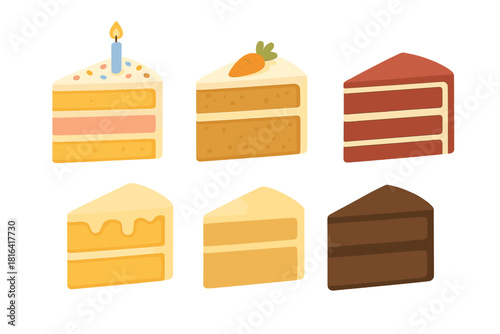 Six dessert cake slices including birthday, carrot, red velvet, and chocolate flavors