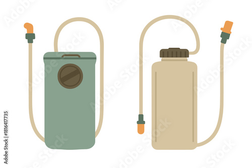 Set of outdoor hydration reservoirs with drinking tubes and bite valves for hiking and camping