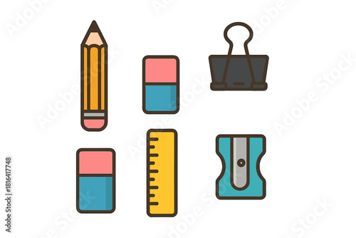 Essential school and office supplies set including pencil eraser ruler and binder clip