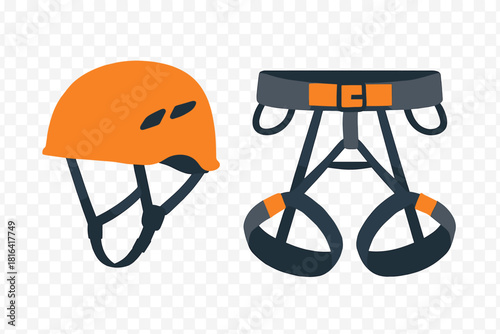 Essential safety equipment for extreme sports featuring an orange helmet and climbing harness