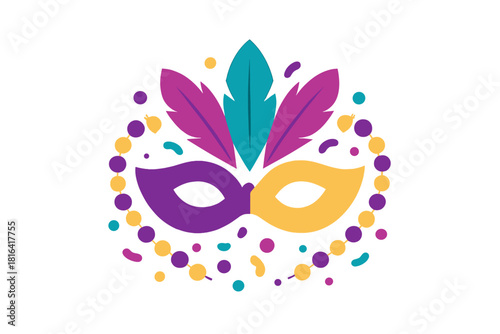 Colorful Mardi Gras carnival mask decorated with feathers and traditional purple and gold beads