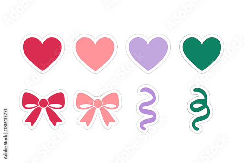 Colorful set of hearts, decorative bows, and curly ribbons for celebration and romance