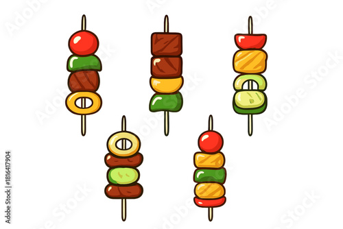 Five colorful shish kebabs with grilled meat, bell peppers, onions, and cherry tomatoes