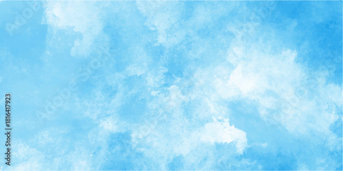 Bright blue sky with white fluffy clouds on a sunny day. Bright blue sky background with fluffy white clouds, a perfect clear summer day view of nature. Abstract colorful watercolor paint illustration