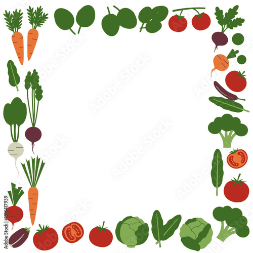 A colorful assortment of fresh vegetables forming a decorative square border on a white background, showcasing healthy produce.