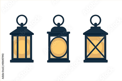 Various styles of old fashioned dark blue camping or decorative lanterns with bright yellow glow
