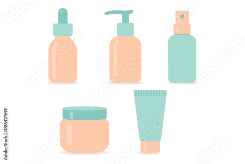Set of blank cosmetic product containers including dropper bottle, pump dispenser, spray, jar, and tube