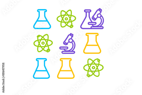 Colorful outline symbols of scientific equipment, chemistry flasks, microscopes, and atomic models
