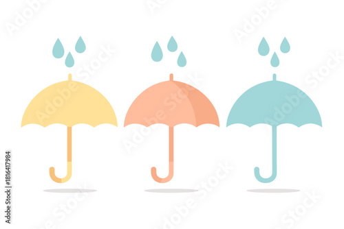 Three pastel colored umbrellas catching blue raindrops during a light shower on a white background