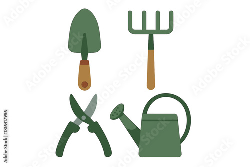 Set of essential gardening tools including trowel, hand fork, pruning shears, and watering can