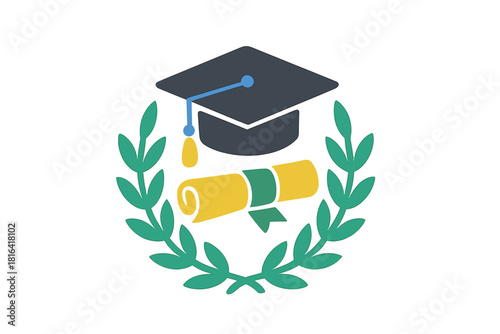 Academic achievement symbol with graduation cap, diploma scroll, and laurel wreath