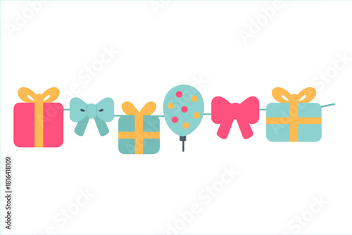 Brightly colored party garland with wrapped presents, decorative bows, and a spotted balloon decoration