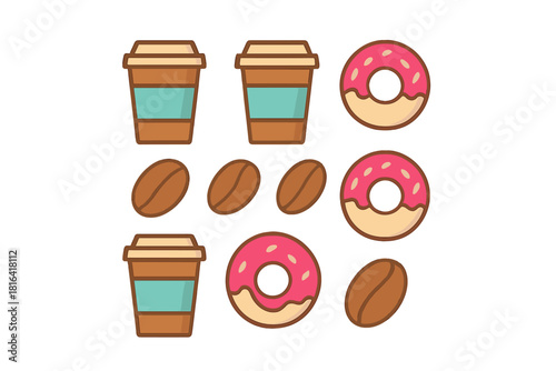 Collection of disposable coffee cups, roasted beans, and sweet pink frosted donuts set on a clean white background