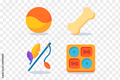 Assortment of dog and cat playthings including rubber ball, chew bone, feather wand, and interactive feeder