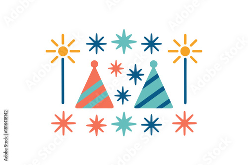 Brightly colored striped party hats, glowing sparklers, and abstract star shapes for festive celebration