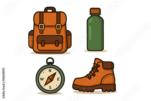 Outdoor adventure gear set featuring a backpack, water bottle, compass, and hiking boot