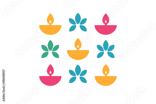 Seamless colorful pattern of traditional Indian oil lamps and stylized floral elements for Diwali