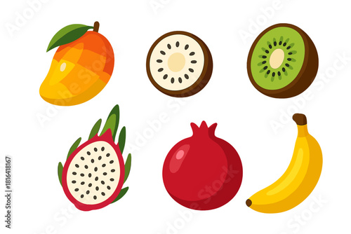 Colorful collection of tropical and exotic fruits: mango, kiwi, dragon fruit, pomegranate, banana