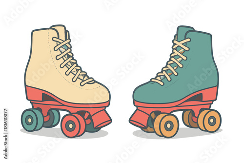 Pair of colorful retro quad roller skates with classic wheels and vintage design