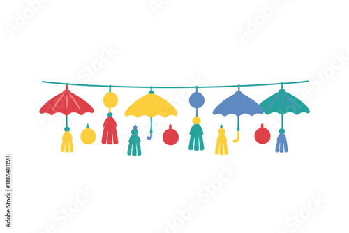 Brightly colored umbrellas and abstract tassels hanging on a decorative string banner