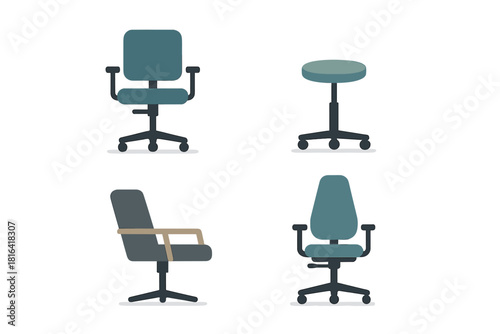 Collection of modern ergonomic office chairs and rolling stool furniture set