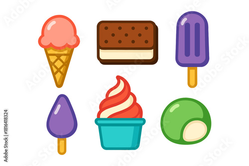 Set of sweet frozen desserts and ice cream treats: cones, popsicles, sandwich, and soft serve