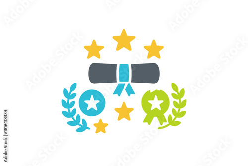 Rolled diploma scroll with rating stars and certification badges for academic success