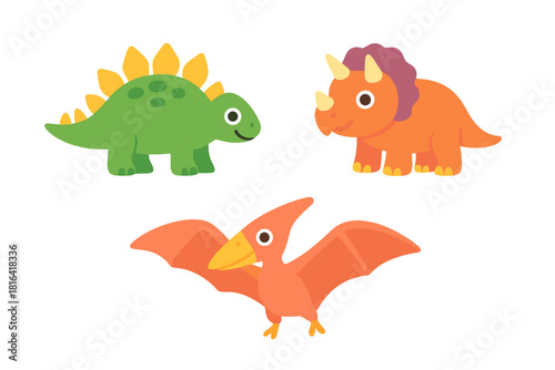 Adorable prehistoric animals set: Stegosaurus, Triceratops, and Pterodactyl isolated on white