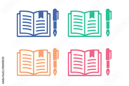 Set of four colorful icons showing an open book and a classic fountain pen nib