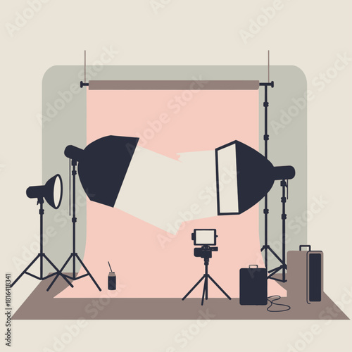 Illustration of a professional photography studio setup with lights, backdrop, and camera on a tripod.