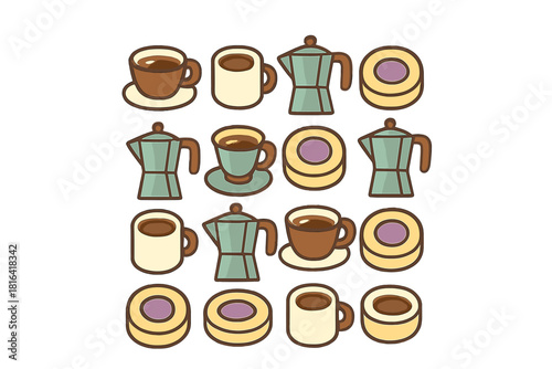 Decorative background pattern with espresso makers hot beverages and round cookies