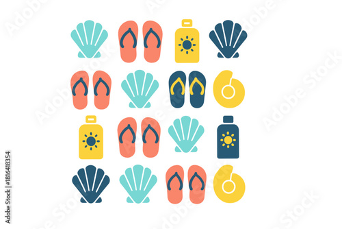 Seamless repeating design with colorful summer beach vacation items: flip-flops, seashells, and sunblock