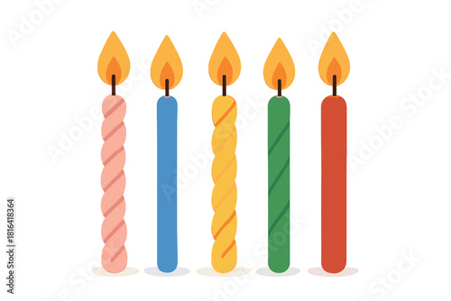 A row of five brightly colored birthday candles burning with orange flames set against a clean white background