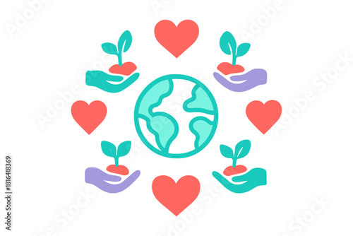 Global environmental care concept featuring hands holding sprouts and hearts around the Earth