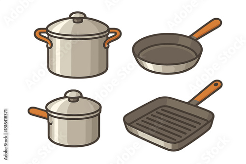 Set of isometric kitchen cooking utensils including various pots, saucepans, frying pans, and grill pans