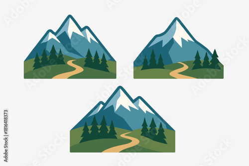 Three stylized mountain landscape badges with snow peaks pine trees and winding hiking trail