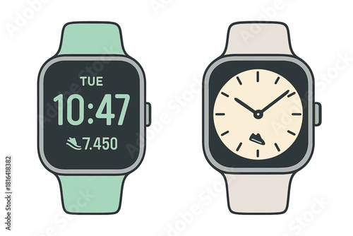 Two modern smartwatches with different display modes showing digital time and analog clock face