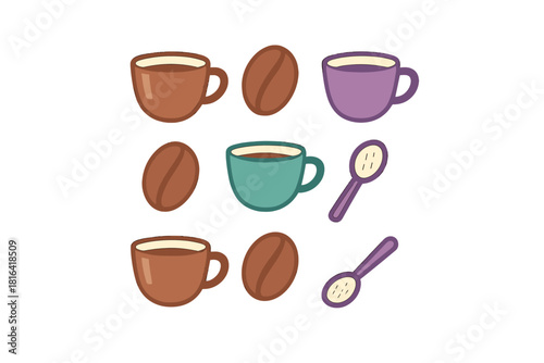 Collection of colorful coffee cups, roasted beans, and stirring spoons arranged in a repeating pattern design