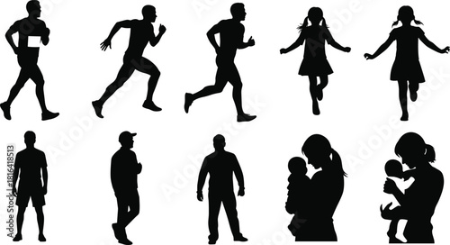 Silhouette vector illustration of jogging, sprinting, walking, standing, jumping children, and adults holding babies in expressive black and white style
