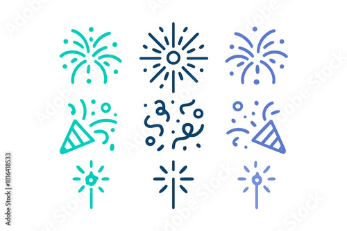 Colorful celebration icons featuring fireworks, sparklers, confetti, and party poppers