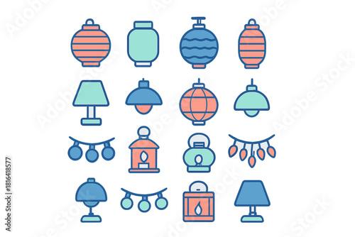 Collection of modern and traditional lighting fixtures including lamps, lanterns, and festive string lights