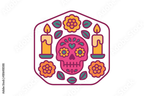 Traditional Mexican Day of the Dead sugar skull Calavera with candles and marigold flowers