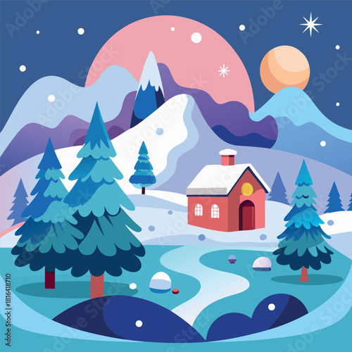 Cozy winter cabin in a snowy landscape, glowing windows, pine trees, mountains, moonlit night sky, falling snow, colorful vector illustration