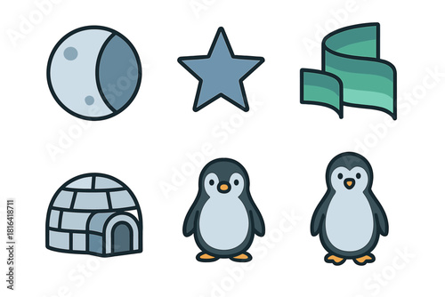 Cute penguins, igloo, and celestial objects in winter arctic icon set