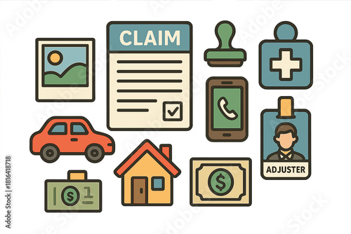 Comprehensive set of icons representing insurance claims, property, auto, health, and financial services