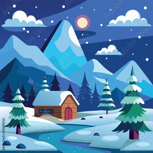 Cozy winter cabin in a snowy landscape, glowing windows, pine trees, mountains, moonlit night sky, falling snow, colorful vector illustration