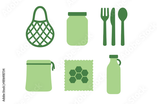 Collection of reusable zero waste items including mesh bag, glass jar, cutlery, and beeswax wrap for sustainable living